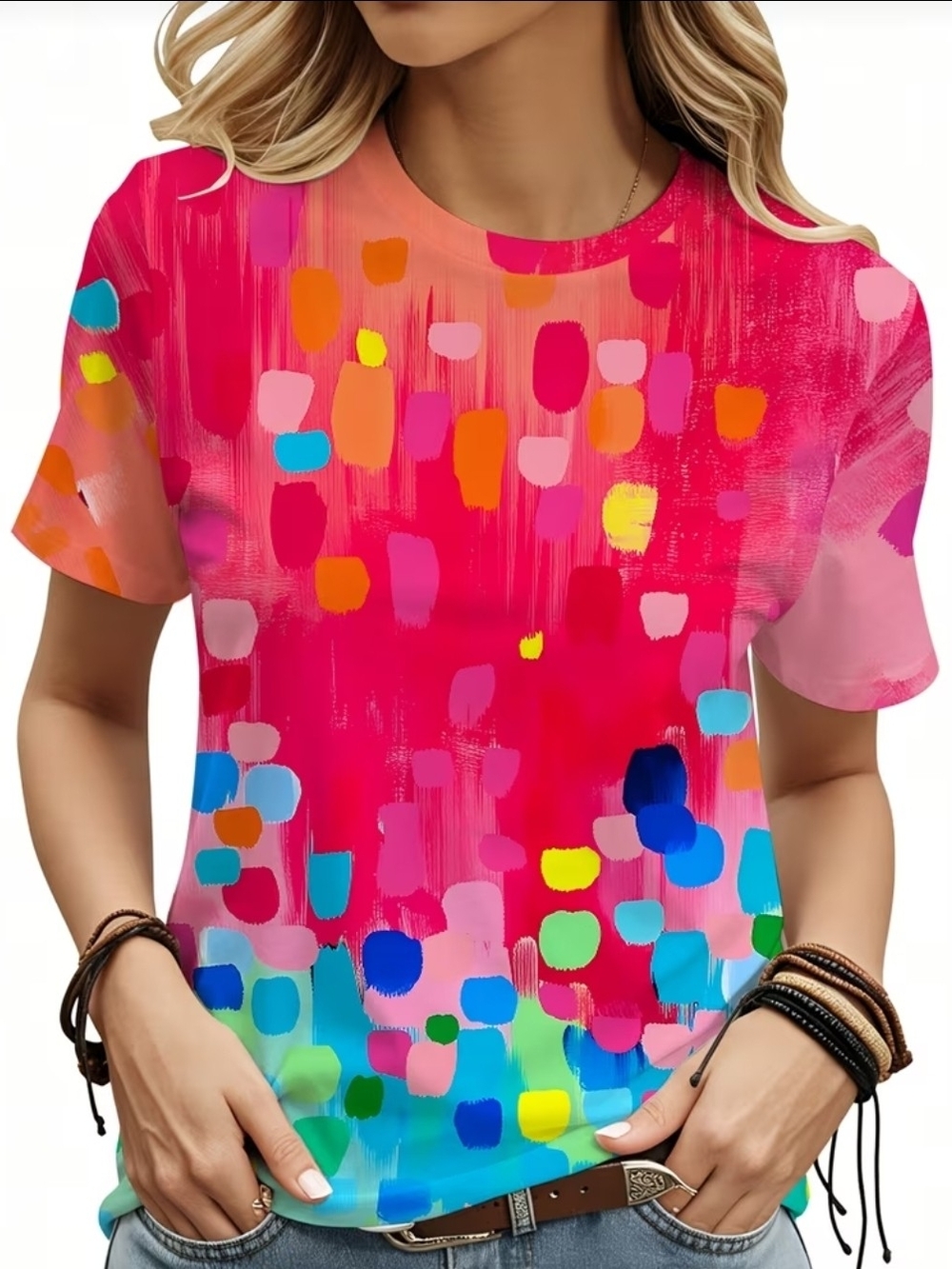 SHEIN Pink Multi-Color Abstract Print Short Sleeve Tee